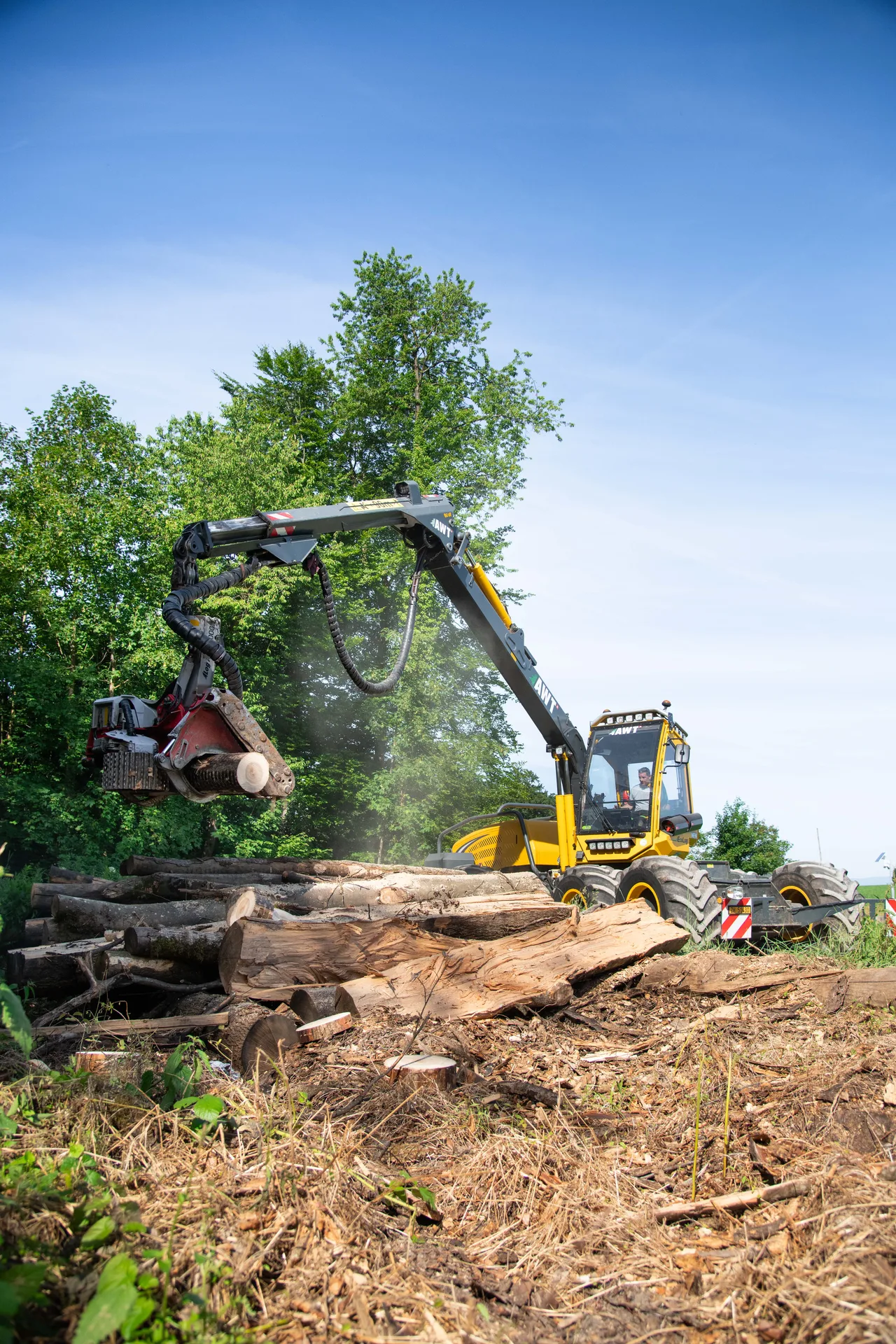 Harvester bei der Holzarbeit auf einer Lichtung im Schweizer Wald